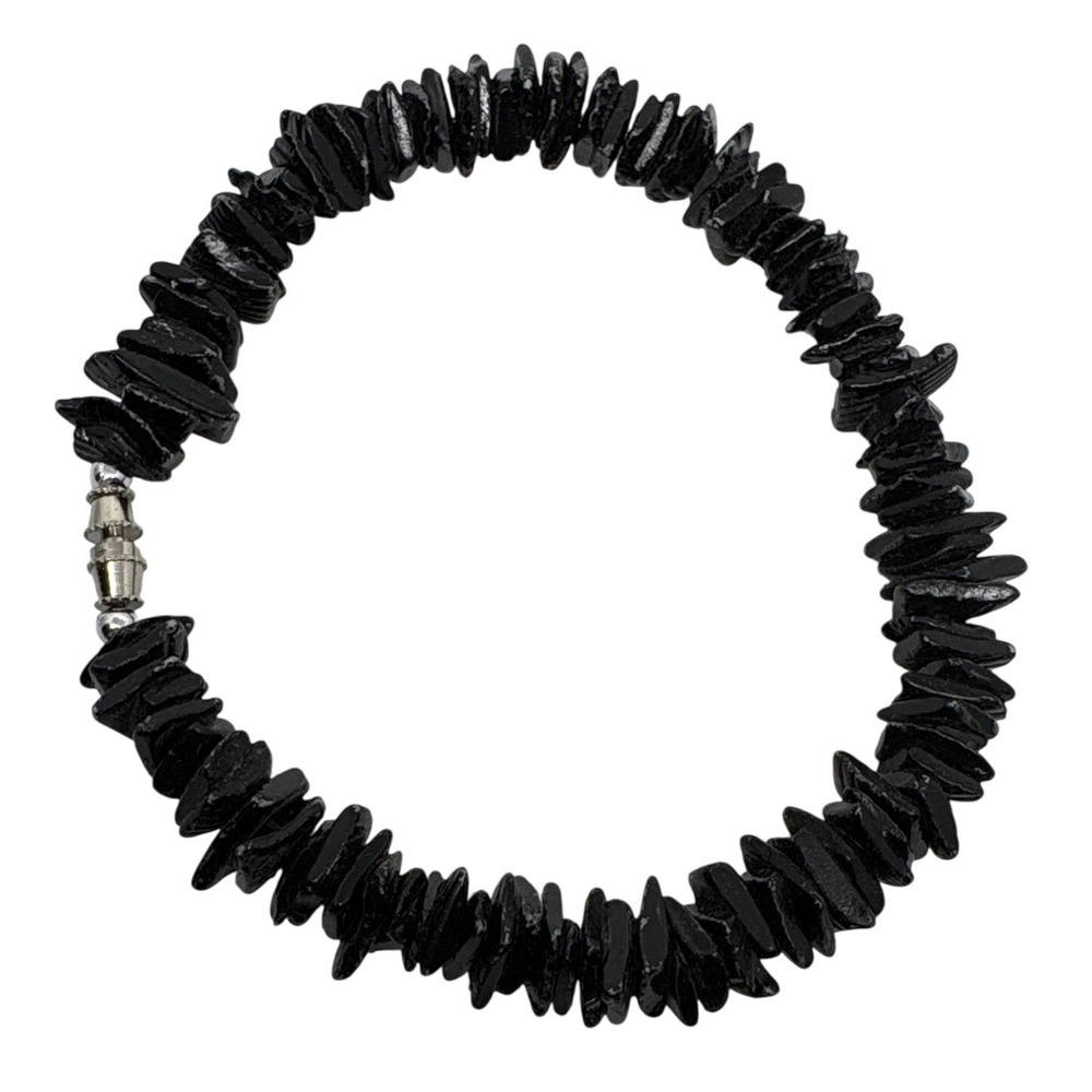 Mens Black Seashell Stone Chip Bracelet Silver Tone‎ Clasp 9.25" long Anklet